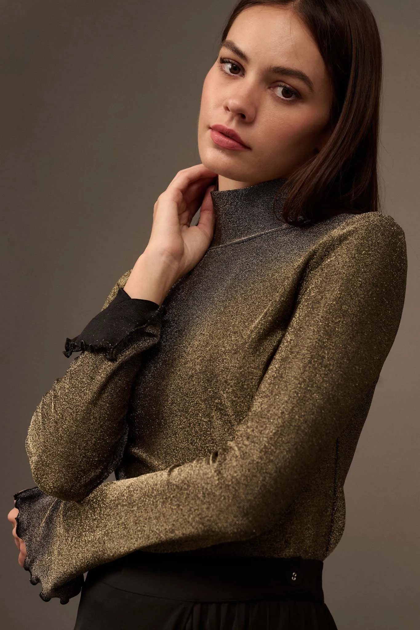 Across the Universe Shimmer Mock Neck Top