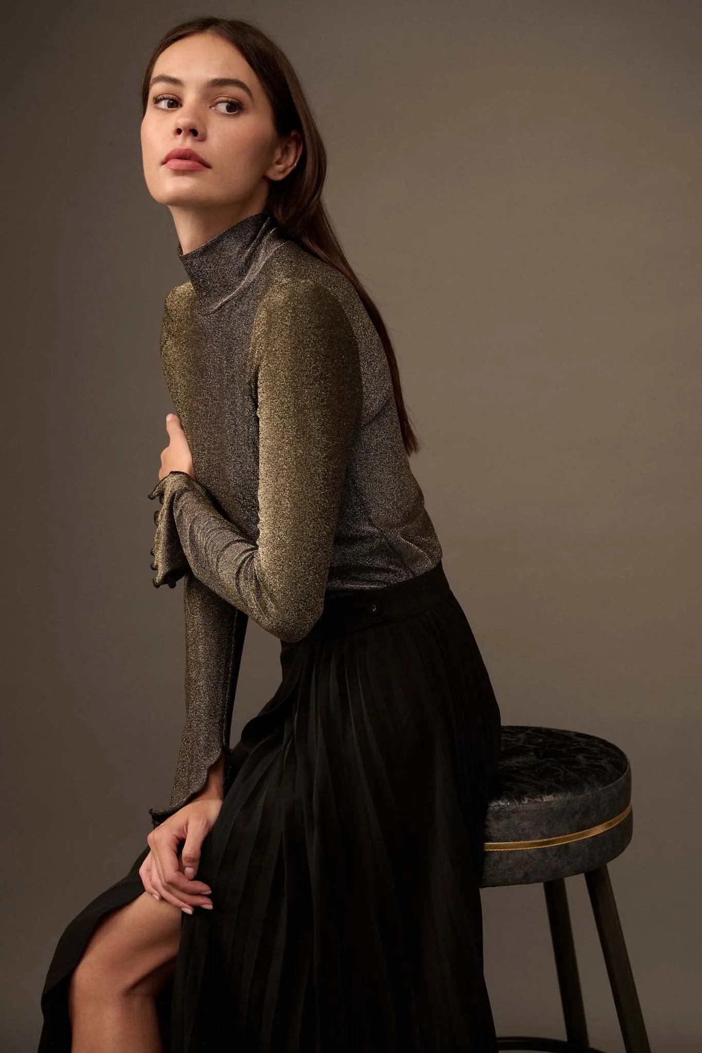 Across the Universe Shimmer Mock Neck Top