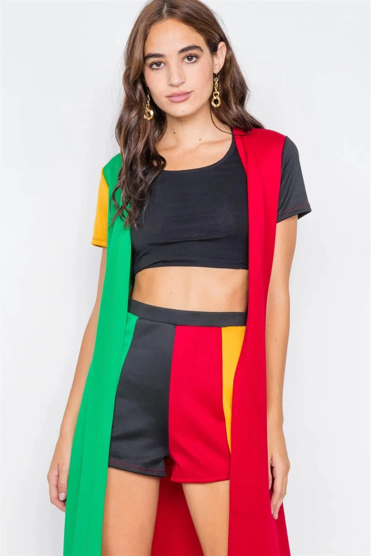Red Black Green & Yellow Color Block Shorts & Trench Coat Set  /2-3